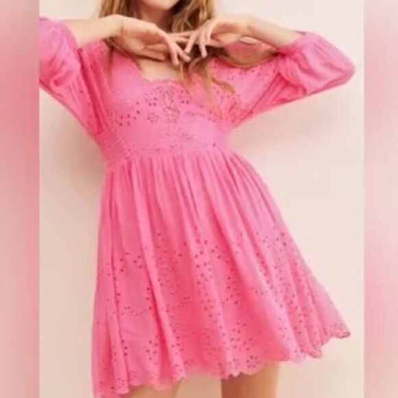 Free People Lottie Pink Eyelet Mini Dress - Picture 1 of 6